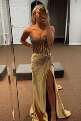 Gold Prom Dress Mermaid Corset Beaded Long Formal Dress With Slit